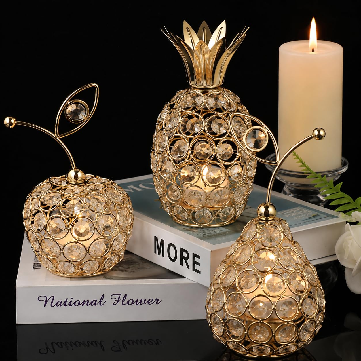 3 Pcs Golden Crystal Hollow Candlestick, Metal Crystal Table Centerpiece, Including Pineapple Pear Apple, Decorative Candlestick, Ideal for Wedding, Party, Anniversary and Home Decor