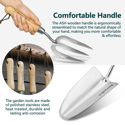 Berry&Bird Gardening Hand Tool Set - 3PCS Stainless Steel Garden Tool Kit Multifunctional Tool with Wooden Handle Trowel, Fork & Weeder for Weeding Planting Transplant, Ideal Garden Gift for Women&Men