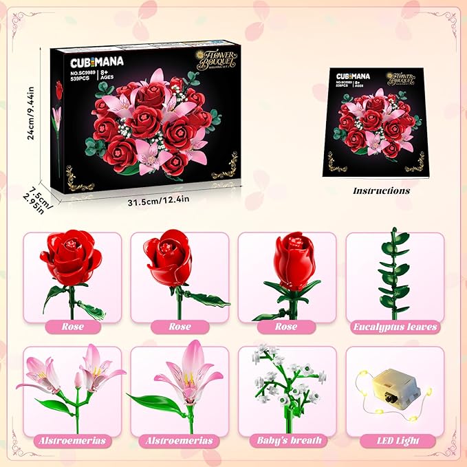 Rose Flower Bouquet Building Set with LED - Red Rose Botanical Collection Building Block Set for Adults Pink Lilies Artificial Plant for Home Decor Easter Gifts for Her Women Girls