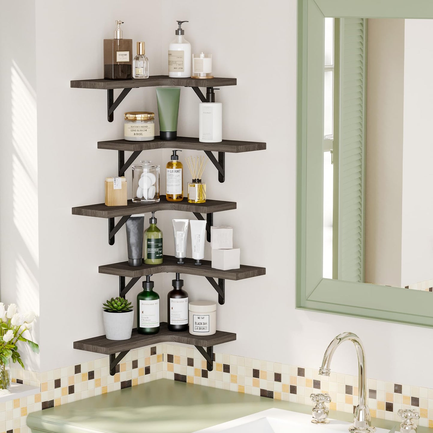 Fixwal Floating Shelves for Wall, Rustic Wood Wall Mounted Corner Shelf for Bathroom, Kitchen, Bedroom, Home Decor, Laundry Room, Living Room, Set of 5 (Weathered Grey)