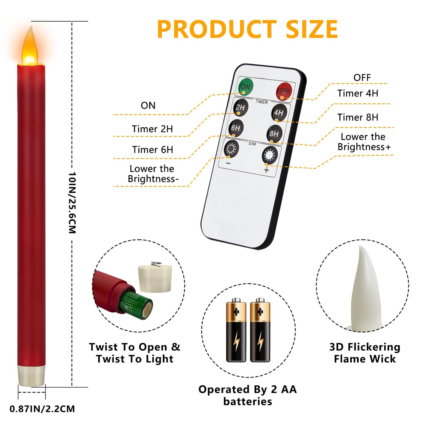 Flameless Taper Candles 10" Dripless Battery Operated Taper Candles Included Remote Timer 400+ Hours by 2AA Batteries for Halloween Christmas Wedding (Burgundy, 12 Pack)