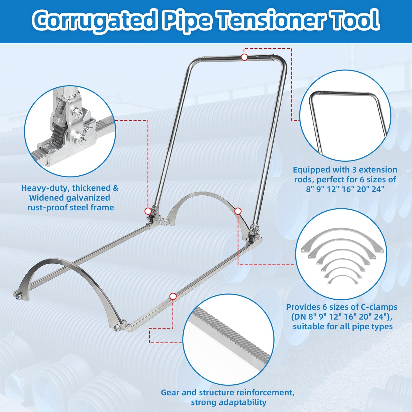 HDPE Corrugated Pipe Tensioner Tool – Universal Docking Kit for 8-24 Inch (DN200-600mm) | Quick & Secure Clamping for One-Person Pipe Alignment in Drainage, Sewer & Electrical Conduit
