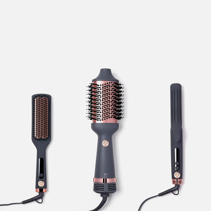Hairitage Volumizing One Step Blow Dry Brush + Hair Dryer for Curling + Straightening - Ceramic Tourmaline Blowout Brush + Volumizer - Hair Styler for Smooth Shiny, Frizz-Free Styles - Matte Grey