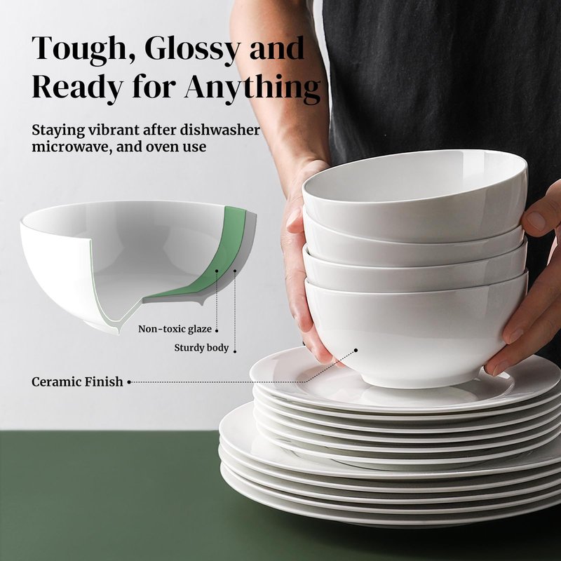 DOWAN 22 OZ White Ceramic Bowls Set of 4 - Perfect for Soup Bowls for Kitchen, Cereal Bowl, Ramen Bowl, Microwave Safe for Oatmeal, Fruit,Salad and Rice Bowl - Dishwasher & Microwave Safe