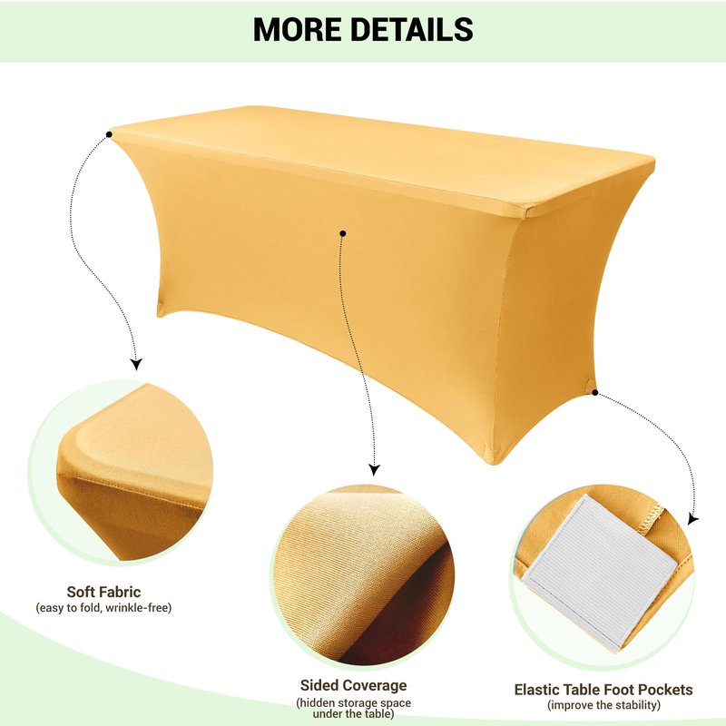 Obstal 8ft Stretch Spandex Table Cover for Standard Folding Tables - Universal Rectangular Fitted Tablecloth Protector for Wedding, Banquet, Party Gold