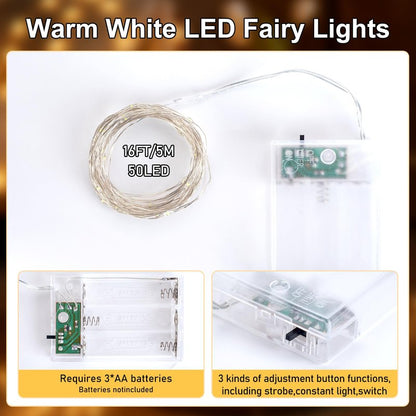 YPHSOL Fairy Lights Battery Operated String Lights 16.4ft 50LED Flashing and Constant Light Waterproof Silver Wire for Christmas DIY Party Wedding Decoration (Warm White, 2 Pack)