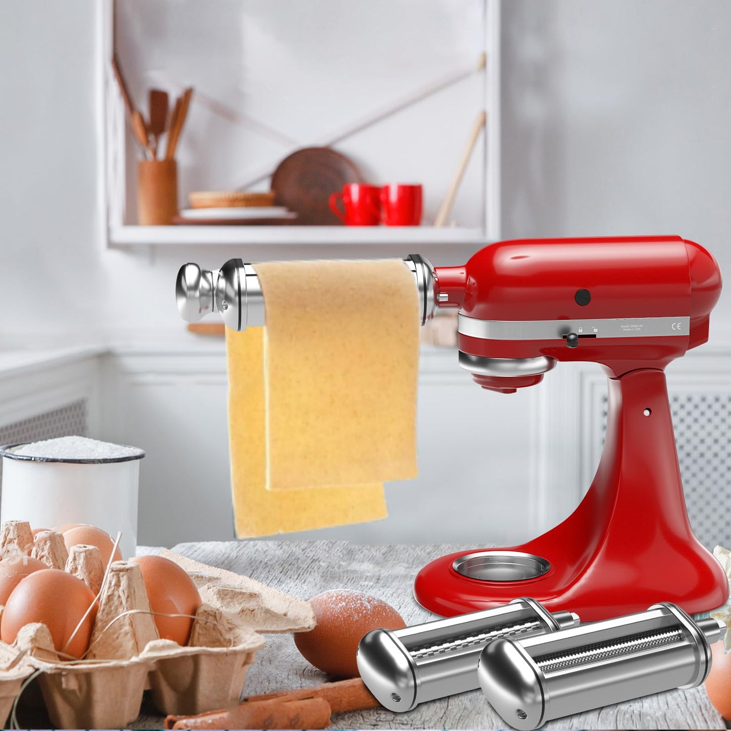 Pasta Maker Attachment for All Kitchenaid Stand Mixers, 3 PCS Kitchen Aid Pasta Attachments Included Pasta Dough Roller, Fettuccine Cutter, Spaghetti Cutter and Cleaning Brush