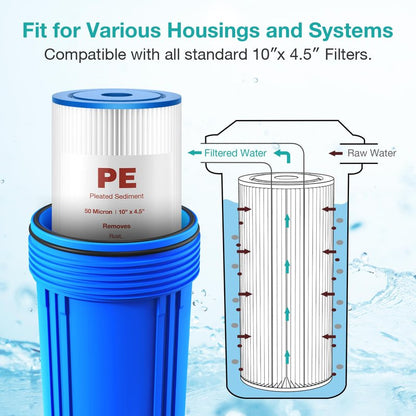 SimPure 10"x4.5" Pleated Sediment Water Filter, 50 Micron Whole House Water Filter Cartridge for Well Water Compatible with FXHSC, ECP20-BB, R50-BBSA, CB1-SED10-BB (4 Pack)