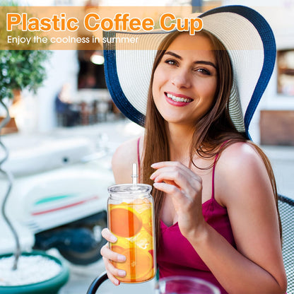 Blushtier 6 Pack 16 oz Plastic Cups Mason Jar Coffee Cup with Lid Clear Tumblers with Lid and Straw Round Bottom Plastic Cups for Iced Coffee Juice Reusable Milk Beverage Party (Clear)
