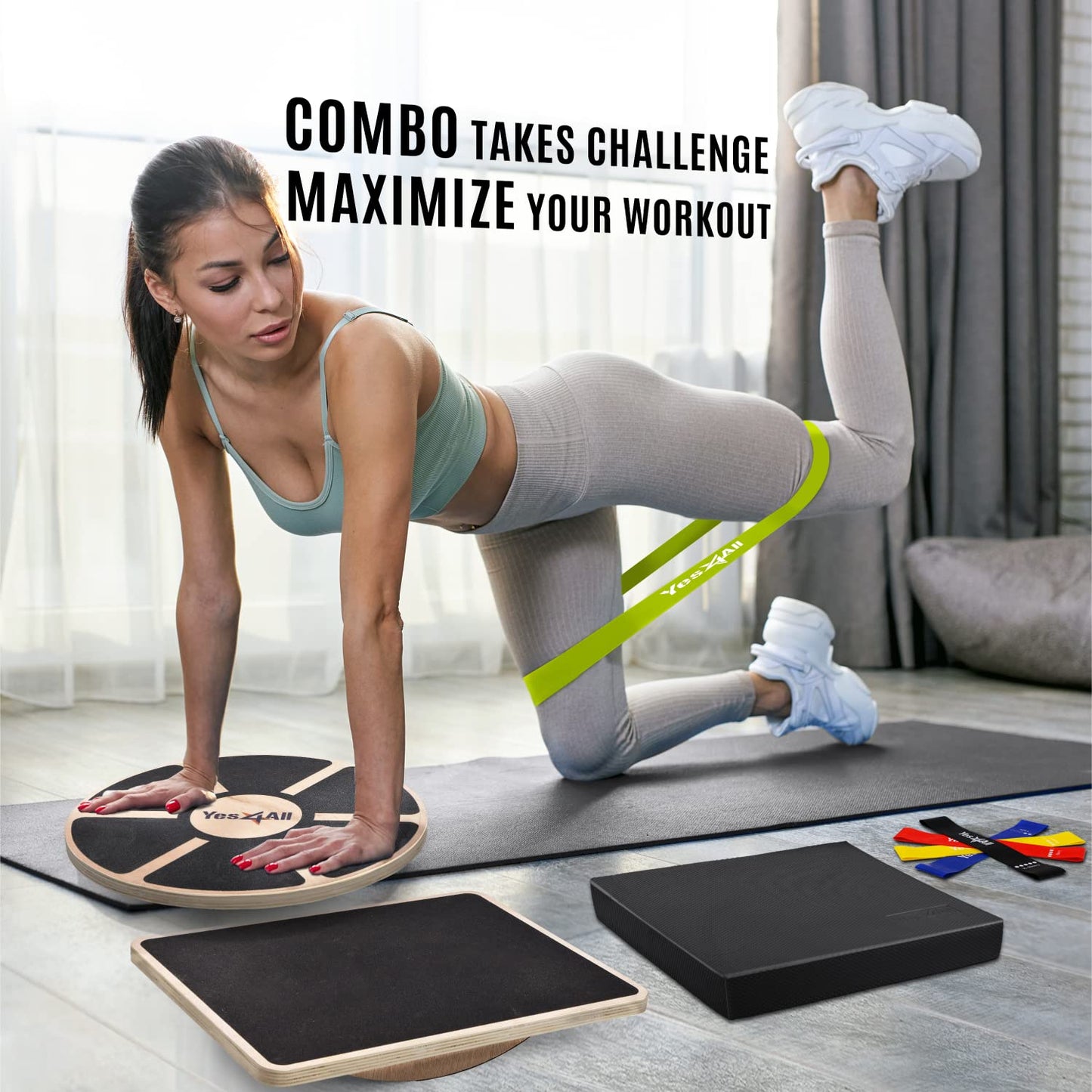 Yes4All Combo 4-in-1 Set for Full Body Workout, Wooden Wobble Balance Board with Rocker Balance Board, Balance Pad & Exercise Bands