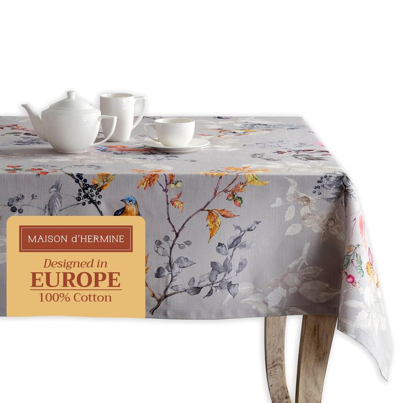 Maison d' Hermine Table Cloth Rectangle Table 100% Cotton 70 x 108 Inches Fall Tablecloth Reusable Everyday Use for Thanksgiving Christmas Decorations Dining Farmhouse Party (Equinoxe - Grey)