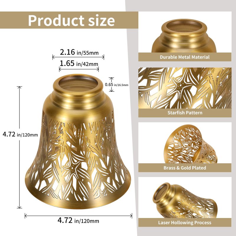 Pendant Light Shades, 4 Pack Ceiling Fan Light Shade Replacements with 1-5/8" Fitter, ALUCSET 4.72" Height 4-3/4" Diameter, Metal Bell Shaped Cover for Chandelier Wall Sconces,Yellow Brass&Gold Plated