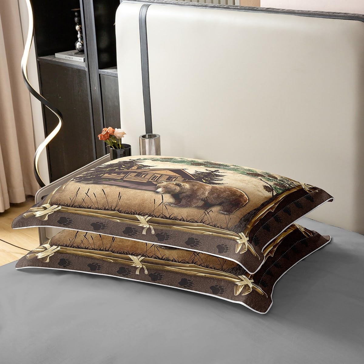100% Cotton Jungle Wooden Cabin Duvet Cover,Outdoor Adventure Wild Bear Pine Tree Bedding Set for Room Decor,Retro Wood Frame Bear Wildlife Paw Print All Season Comforter Cover (No Comforter) Queen