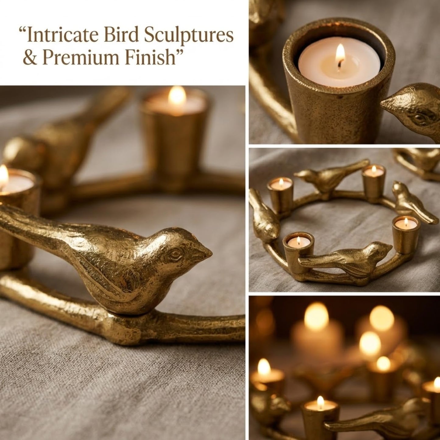 Gold Plated Bird Tealight Candle Holder | Decorative Aluminium Multi Candle Stand for Dining Table, Coffee Table & Living Room Décor, Bird Design Table Centerpiece.