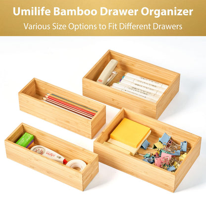 Umilife Bamboo Kitchen Drawer Organizer, Extra High Silverware Tray, Flatware Cutlery Storage Box, Multi-Use Holder in Office, Bathroom, Pantry - 9"x6"x2.5" (Set of 2)