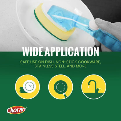 Clioran Dishwand Refills Sponges Heads with Soap Control Handle, 6 Non-Scratch Replacement Sponge Head for Dish Wand,Leak-Proof Handle,Universal Compatible Soap Dispensing Brush for Kitchen,Dishwasher