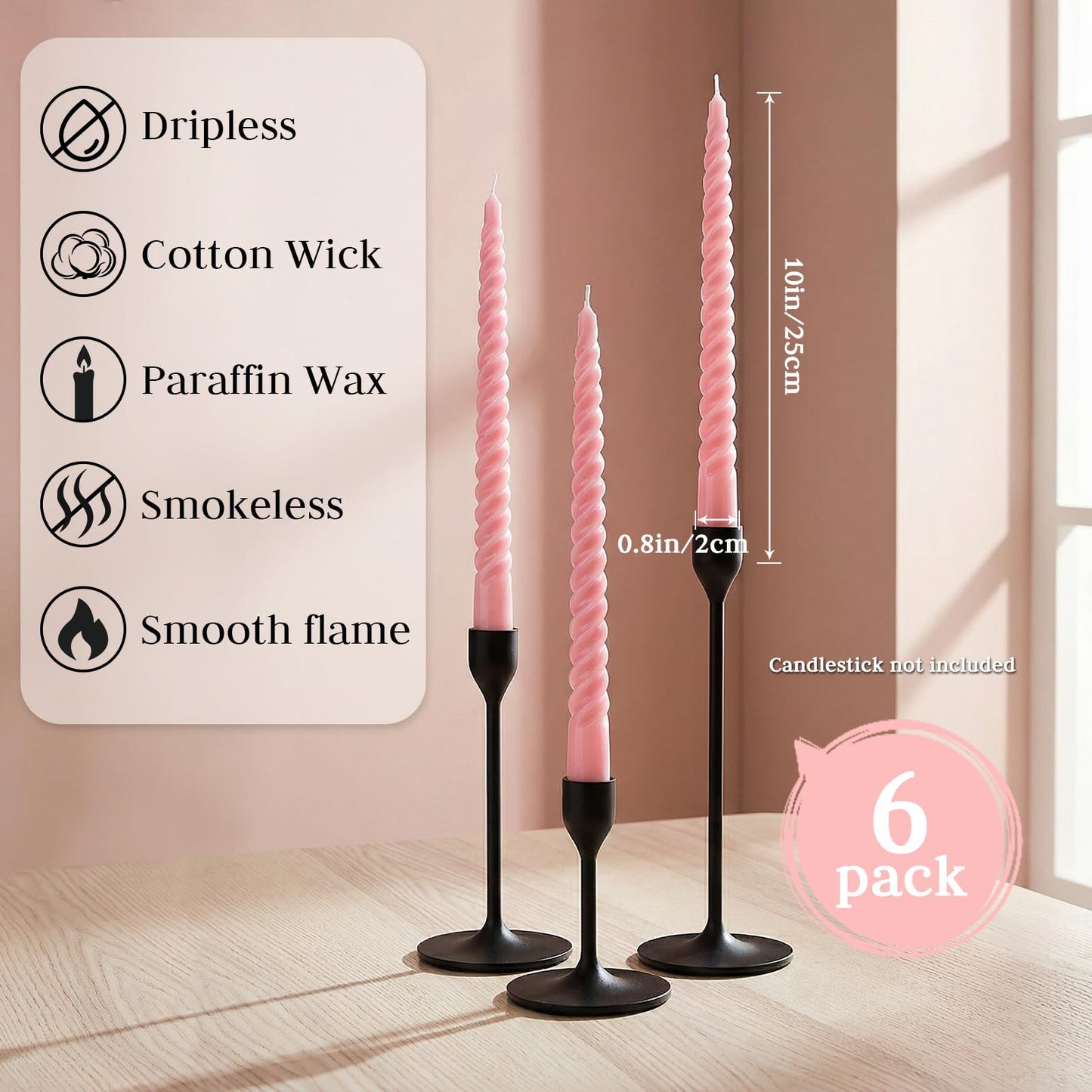 6 Pcs Pink Spiral Taper Candles, 10 Inch Unscented Dripless Twisted Candlesticks, Decoration for Dinner Party Wedding Holiday Celebration Supplies