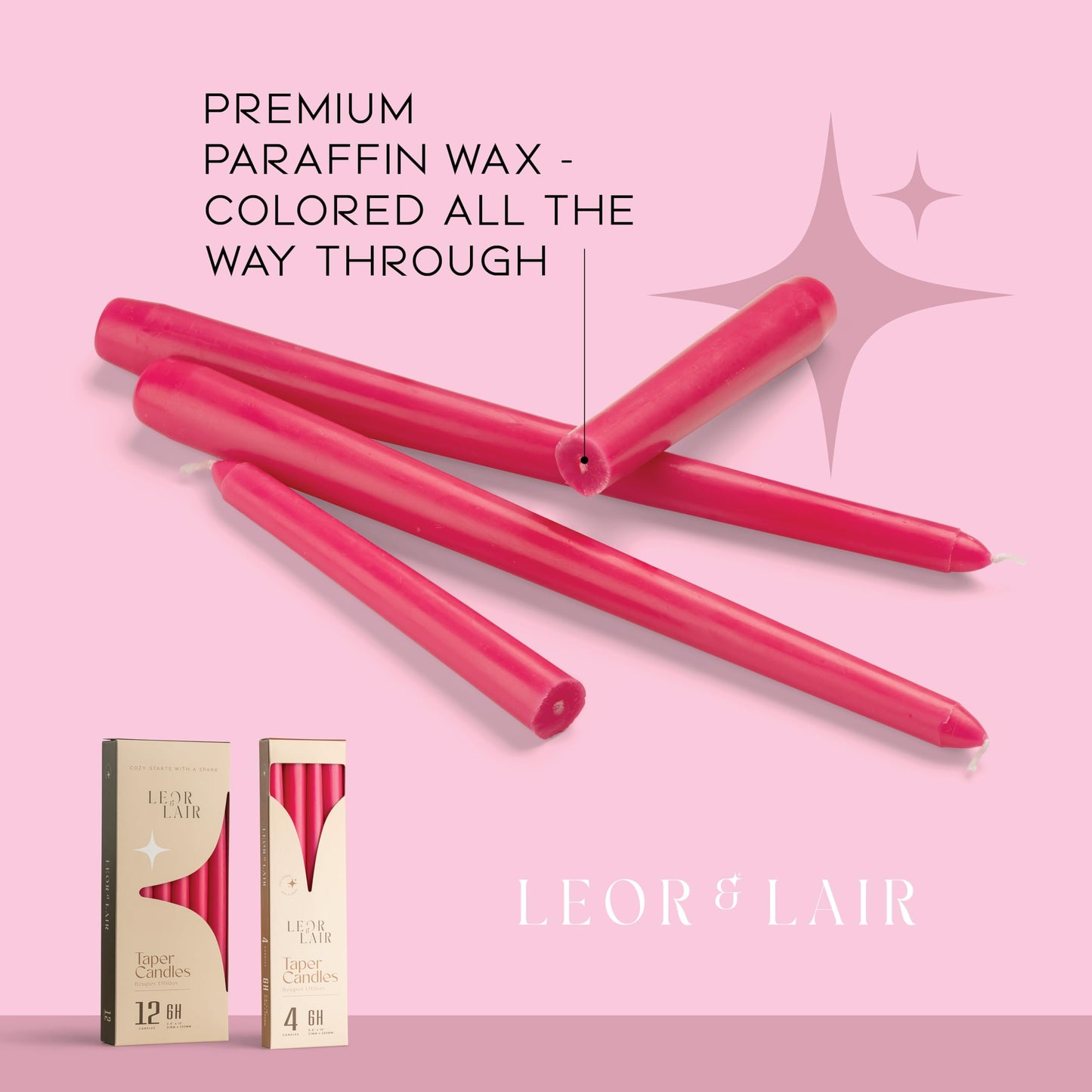 Leor & Lair Pink Taper Candles - 4 Pack 10" Hot Pink Candles - Unscented Long Burning Candlesticks for Birthday Parties, Summer Dining, Weddings & Home Decoration