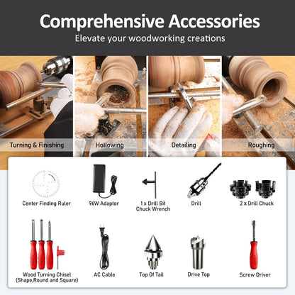 Mini Lathe, WM101A-Plus Mini Wood Lathe Machine, 24VDC 96W Power Lathe, Small Benchtop Lathe with Wood Turning Lathe Tools Kits, Infinitely Variable Speed, Professional for DIY Woodworking