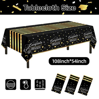 Childom 3 Pack Graduation Tablecloth,Graduation Decorations Class of 2026 Graduation Party Decorations,54"x108" Black and Gold Plastic Table Cloth Disposable Rectangle for Home,School,Party Supplies