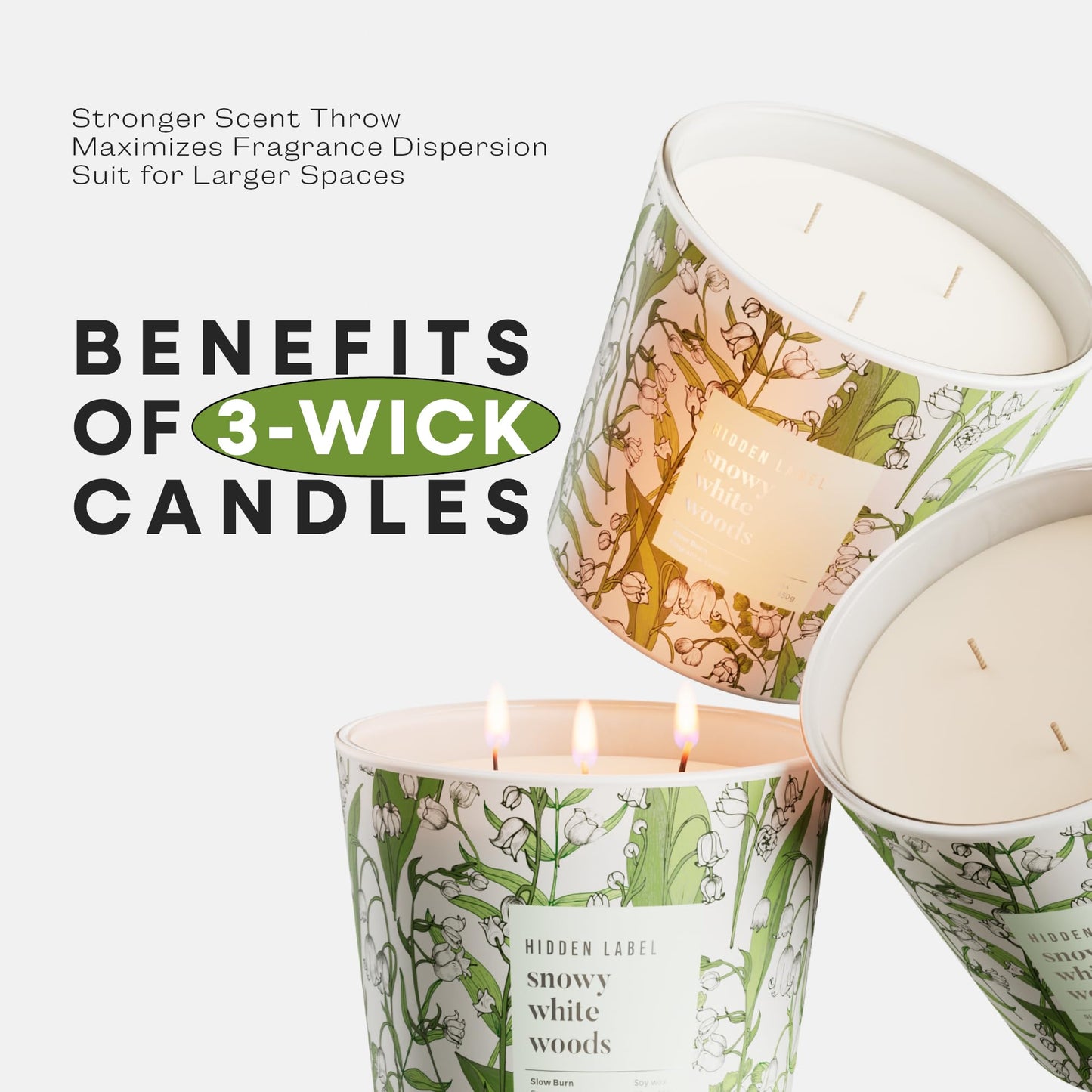 Hidden Label Snowy White Woods Candle, Giant 30oz 3 Wick Soy Candles Non Toxic, Scented Candle White Aromatherapy for Home, 100H Long Lasting Luxury Candles GIF