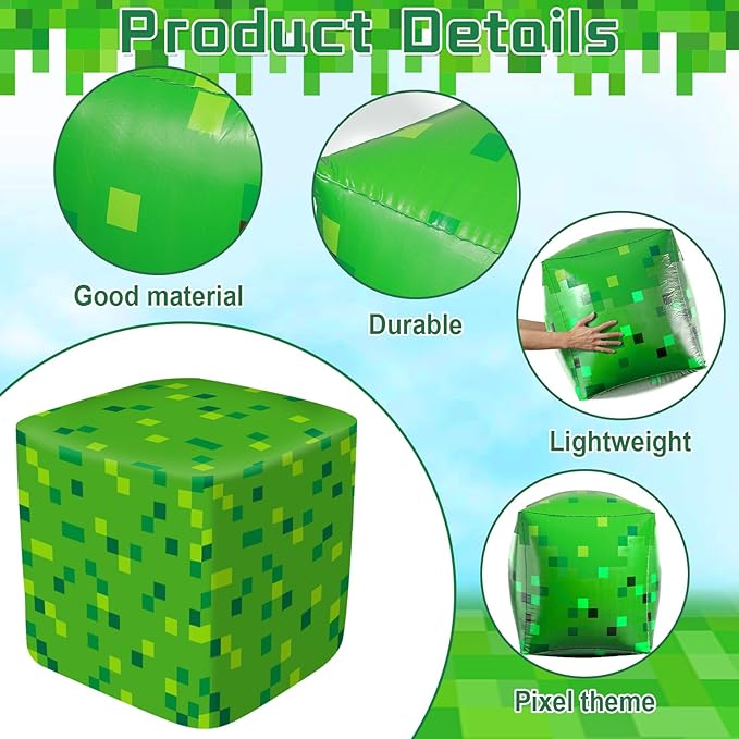 6Pcs Large Pixel Mining Party Inflatable Building Blocks Video Game Party Decorations Pixel Mining Theme Birthday Inflatable Blocks Video Gaming Centerpieces Boxes for Kid Teen Gift Favor Supplies