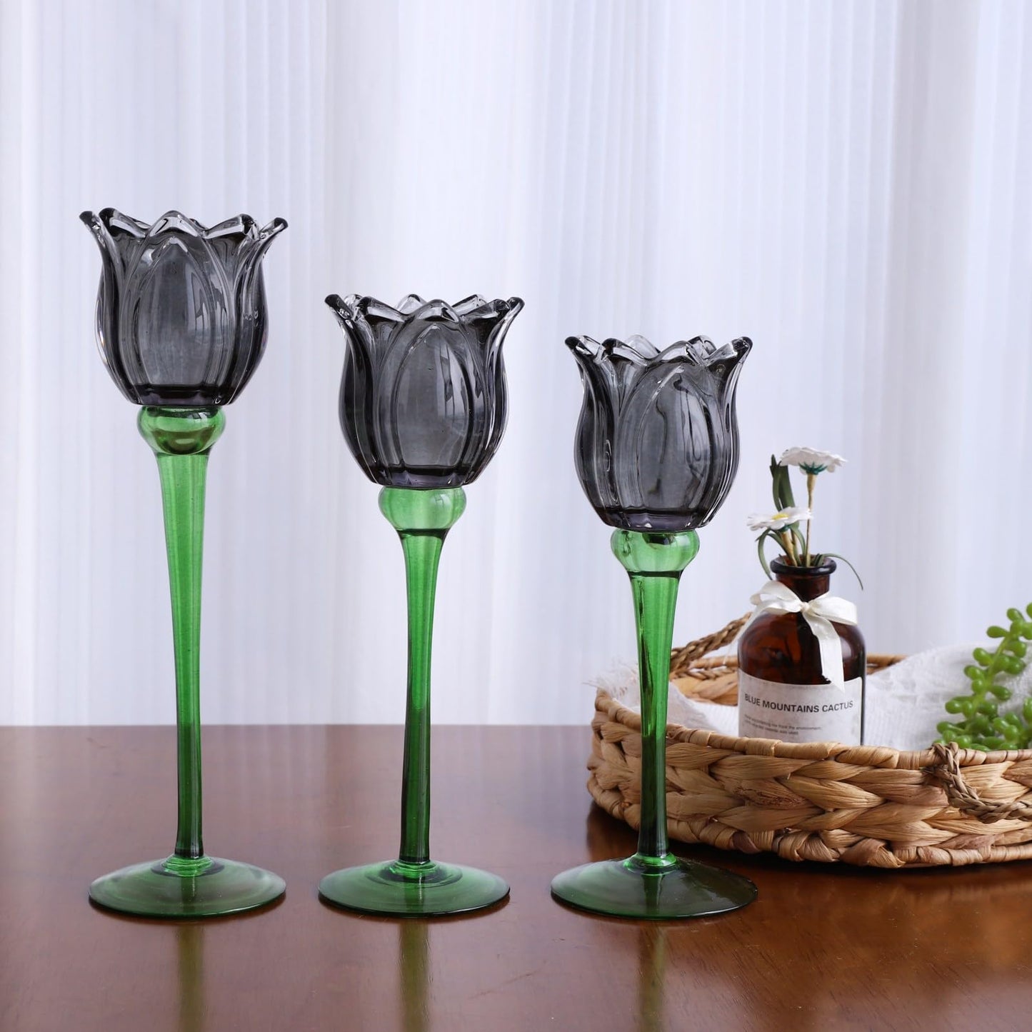 VOHO Light Black Flower Tealight Candle Holder Set of 3, Holiday Decorative Votive Candle Holders for Halloween Theme Party, Different Heights Tulip Tea Lights Candle Holder for Modern Farmhouse Decor