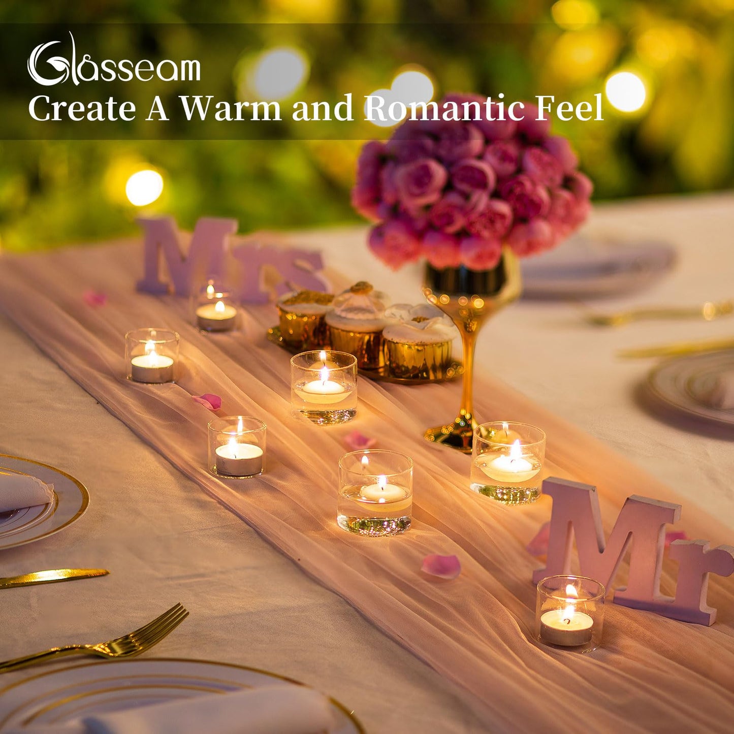 Glasseam Clear Votive Candle Holders Bulk - Set of 48 Small Tealight Holders for Floating Candles, Wedding Centerpieces and Table Decoration