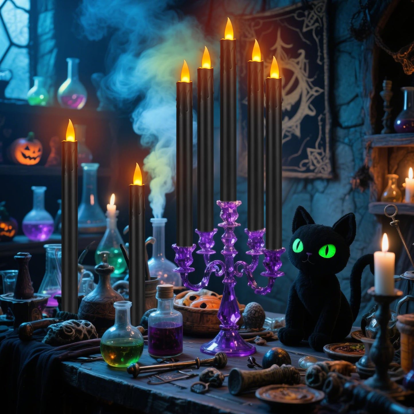 wemarry 10" Flameless Taper Candles with Remote, 12 Pcs Black Electric Led candlesticks, Plastic Tall Taper Candles Battery Operated with Flickering Flame for Halloween Christmas Wedding Home Décor