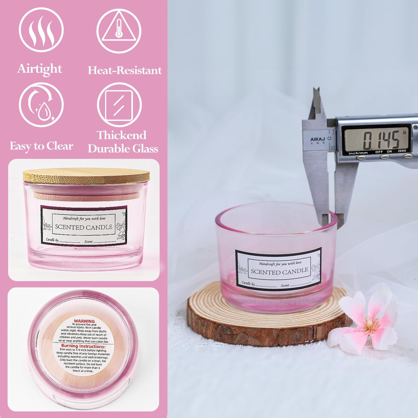 CONNOO 15 Pack 4 OZ Pink Glass Candle Jars with Airtight Bamboo Lids for Making Candles, Bulk Small Wide Mouth Empty Candle Containers with Sticky Warning Labels - Dishwasher Safe