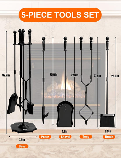 VODA Fireplace Tools Set 5 Pieces 31.5In Cast Iron Indoor Fireside Accessories Large Fire Place Tool Set Outdoor Holder Fire Kit Stand Wood Stove Log Shovel Brush Tong and Fireplace Poker