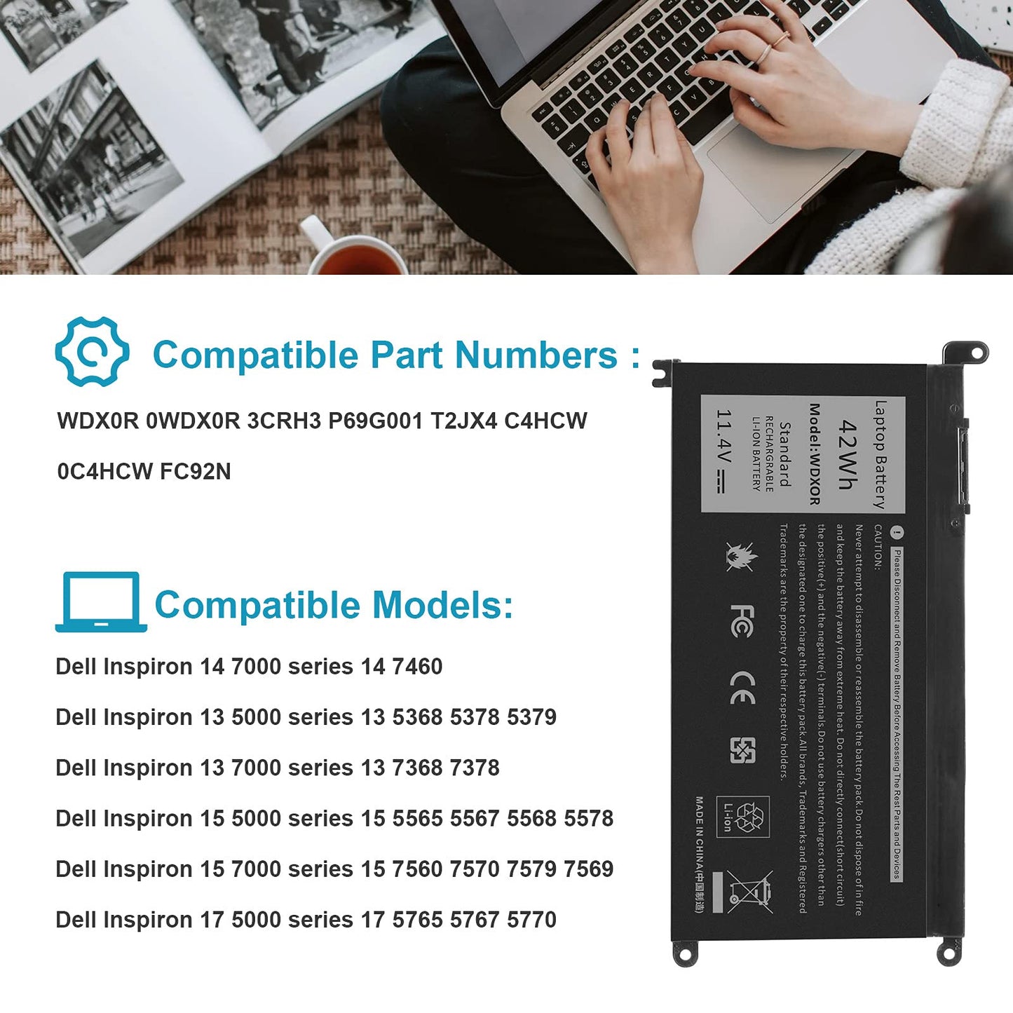 TREE.NB WDX0R Laptop Battery Replacement for Dell Inspiron 13 15 5000 7000 Series 5565 5567 5570 5578 7560 7570 7573 7579 5368 5378 Latitude 7368 17 5765 5767 Series Notebook 3CRH3 T2JX4 11.4V 42Wh