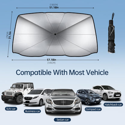 Car Windshield Sun Shade Umbrella, Foldable Car Umbrella Sunshade Cover Protect Vehicle from UV Sun, Easy to Store and Use, Keeps Vehicle Cool, Fit Most Vehicle (57 x 31 inches)