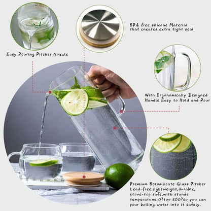 hjn Glass Pitcher with Lid Glass Water Carafe with Handle, Fridge Water Jug Cold or Hot Beverages, Iced Tea, Milk, Juice 1500ml/51oz &