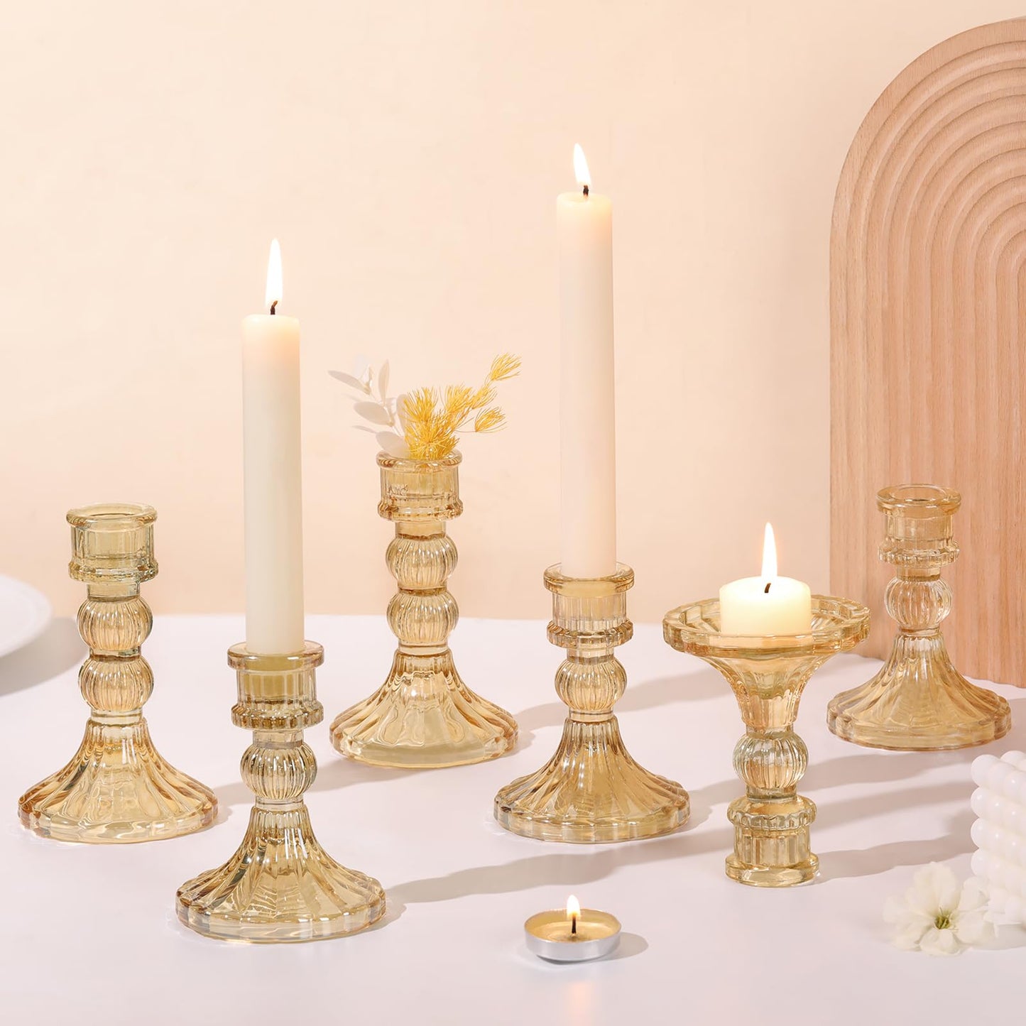 DARJEN 6Pcs Gold Candlestick Holders Set - 4" H & 5" H Striped Taper Candle Holders Bulk, Glass Candle Holders for Wedding, Festival, Party, Table Centerpiece, Gifts
