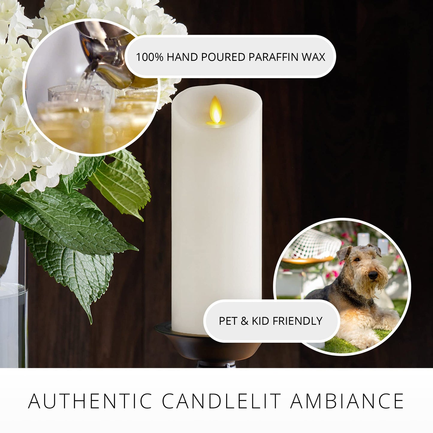 Luminara Realistic Moving Flame LED Candle (3"x8.5") Scalloped Edge Smooth Finish Real Wax Pillar, Battery Operated (2 C) 600 Hr Runtime, Timer, Remote Ready, Unscented - White