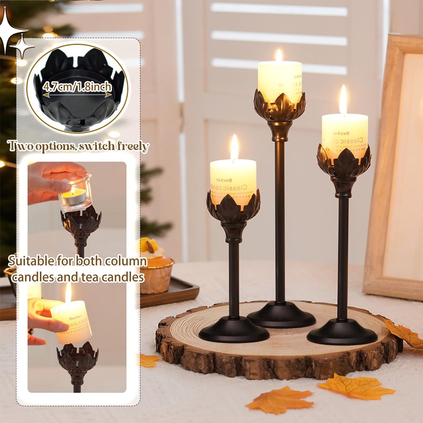 Set of 3 Metal Tea Light Candle Holder with 3 Glass Cups, 12/10/8 Inch Elegant Tealight Candelabra Centerpiece for Wedding Table Decor, Tiered Home Party Decoration (3, Black)