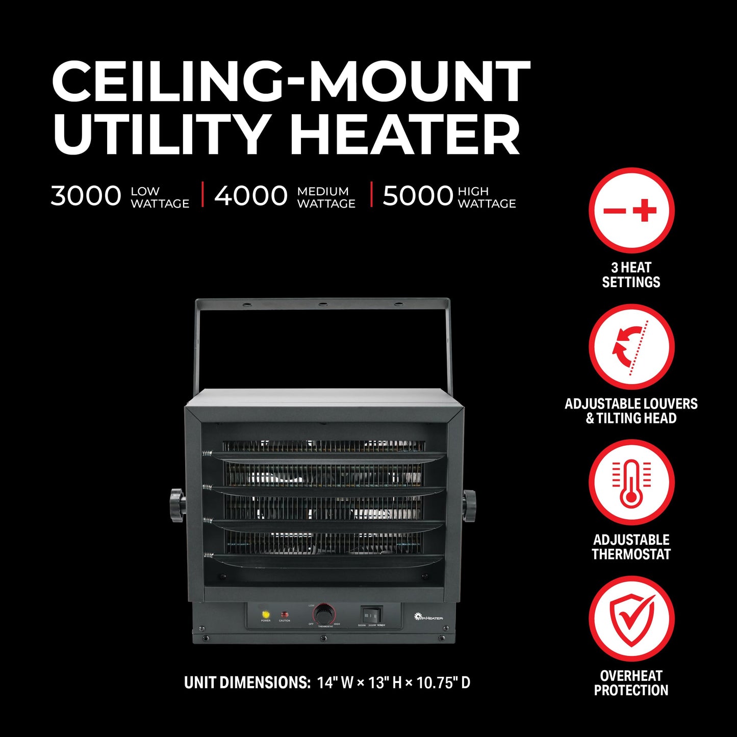 5,000/4,000/3,000W 240V Ceiling Mount Garage Utility Heater
