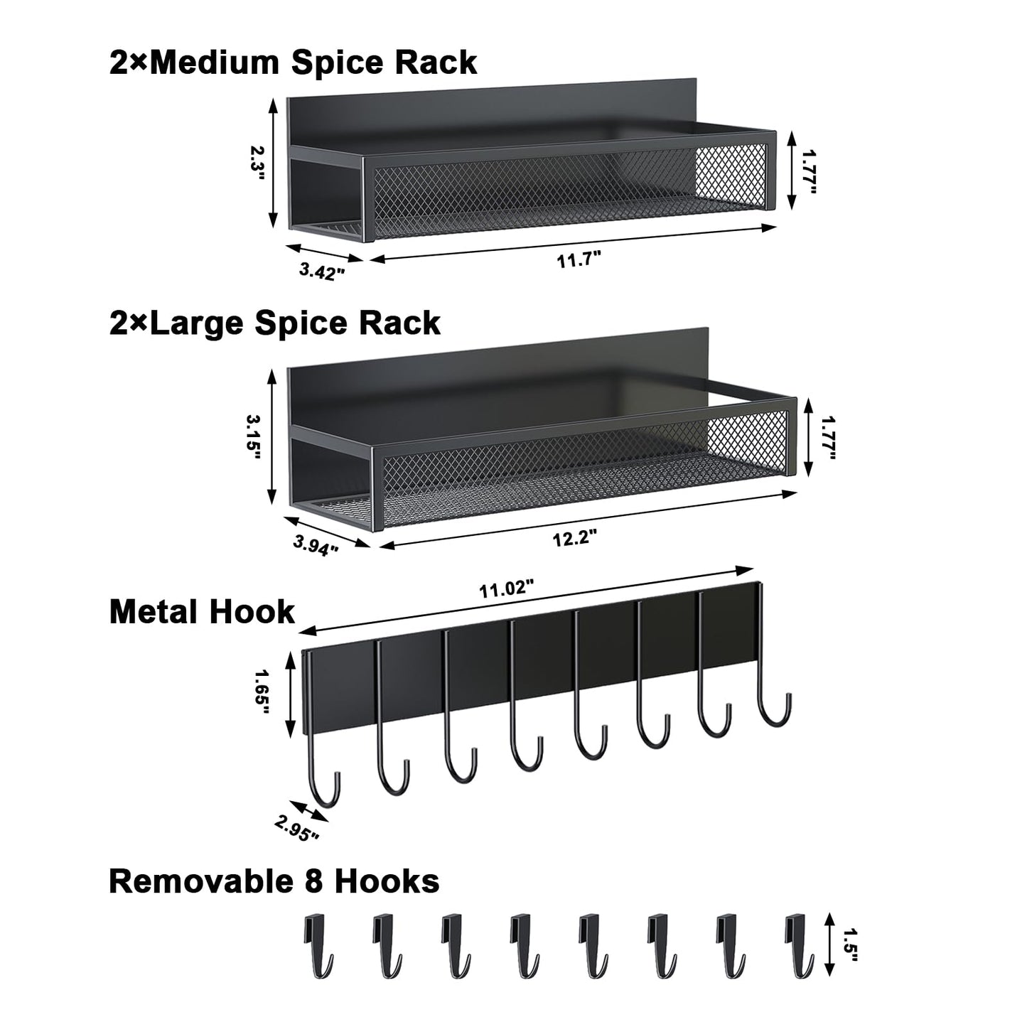 Magnetic Spice Rack for Refrigerator, 4 Pack Magnetic Shelf, Fridge Magnet Organizer with Moveable 8 Hooks, Magnetic Fridge Shelf for Kitchen Organization and Storage (4 Pack)