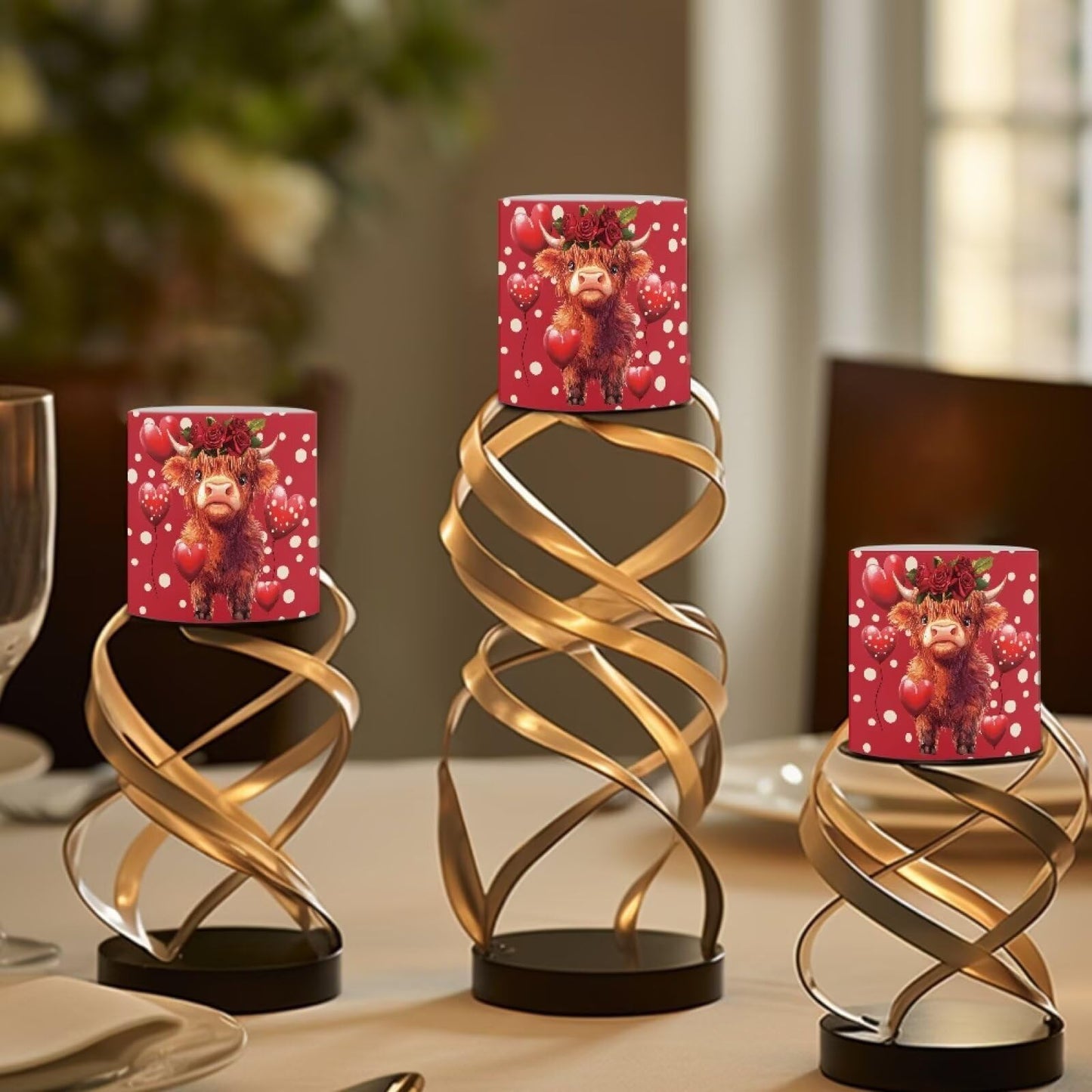 Merkmak 4 Pack Flameless Candles with Remote Battery Operated Pillar Candles with Timer Highland Cow Heart LED Elictric Tealights for Valentines Day Dining Table Decorations