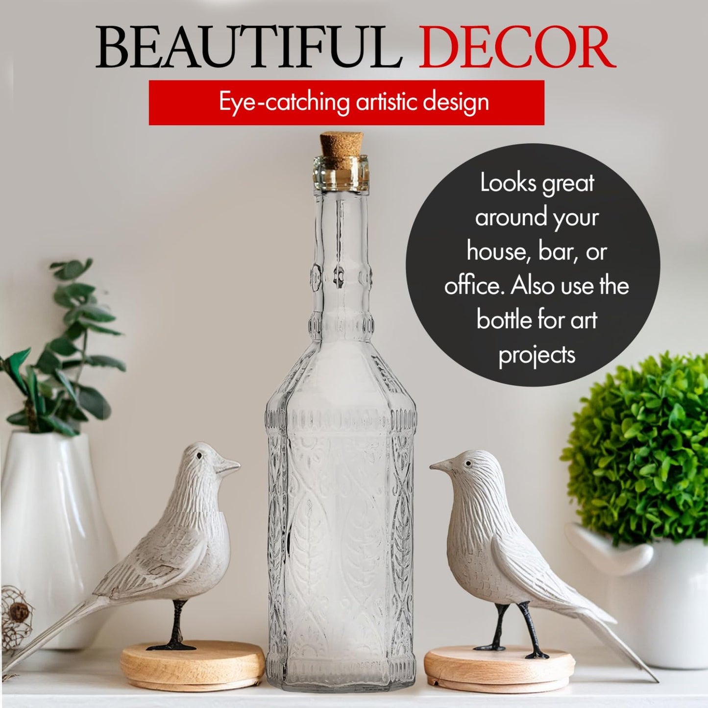 BULK PARADISE Large Clear Decorative Glass Bottle with Spout and Cork, 32oz, 1 Bottle - Design: VINO (3in X 11.9in)