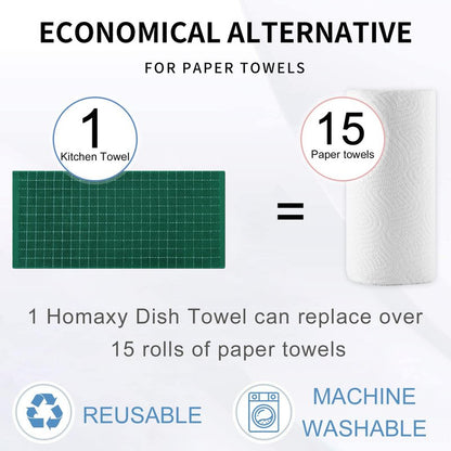 Homaxy 100% Cotton Terry Kitchen Towels(Dark Green, 13 x 28 inches), Checkered Designed, Soft and Super Absorbent Dish Towels, 4 Pack