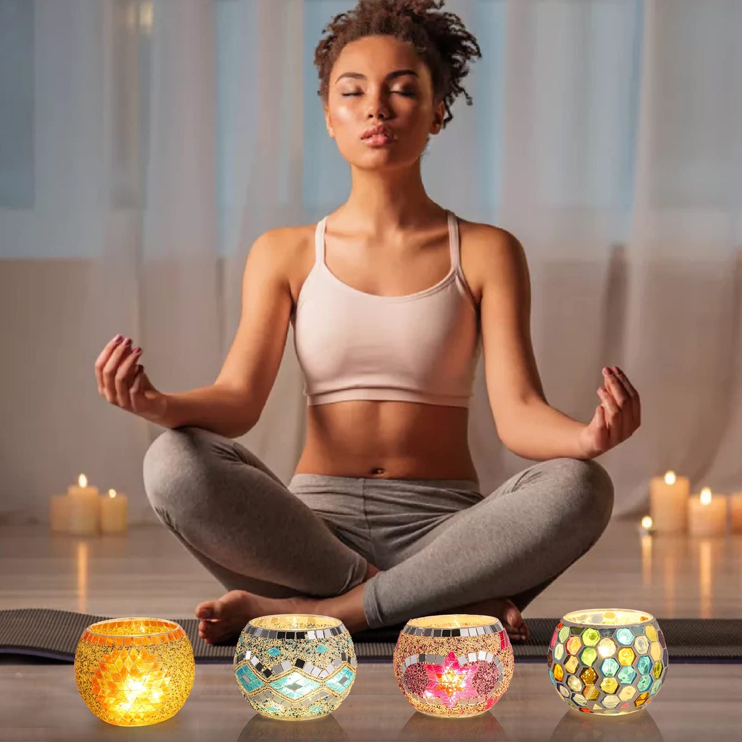 Okllen 4 Pack Glass Votive Candle Holders, Mosaic Tealight Bowls Round Decorative Candle Holder, Handmade Romantic LED Candle Lamps Holder for Home, Table, Party, Wedding Decor, 4 Styles