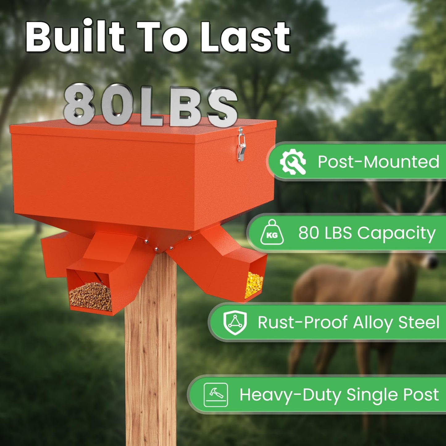 Portable 80LB Gravity Deer Feeder, Heavy Duty Metal Wildlife Feeder with 4 Feeding Ports, Weatherproof for Hunting & Backyard Game