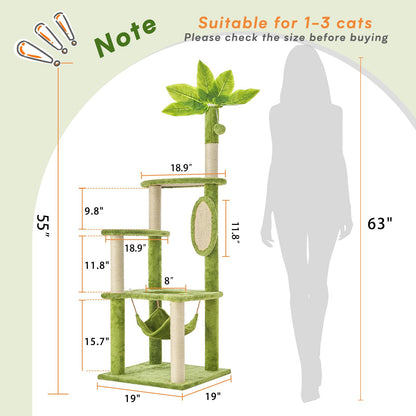 TSCOMON 55" Cat Tree for with Green Leaves, Multi-Level Large Cat Tower with Hammock, Plush Cat House with Hang Ball Toy and Sisal Scratching Posts Furniture, Green