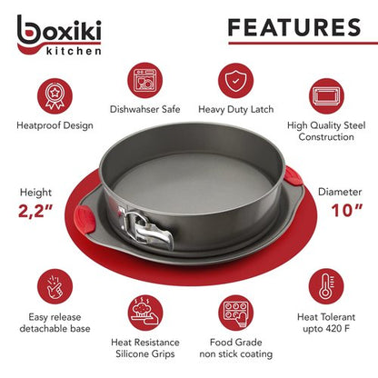 Boxiki Kitchen 10 Inch Nonstick Springform Pan, Professional Spring Form and Cheesecake Baking Mold, Leakproof Cake Pan with Silicone Handles