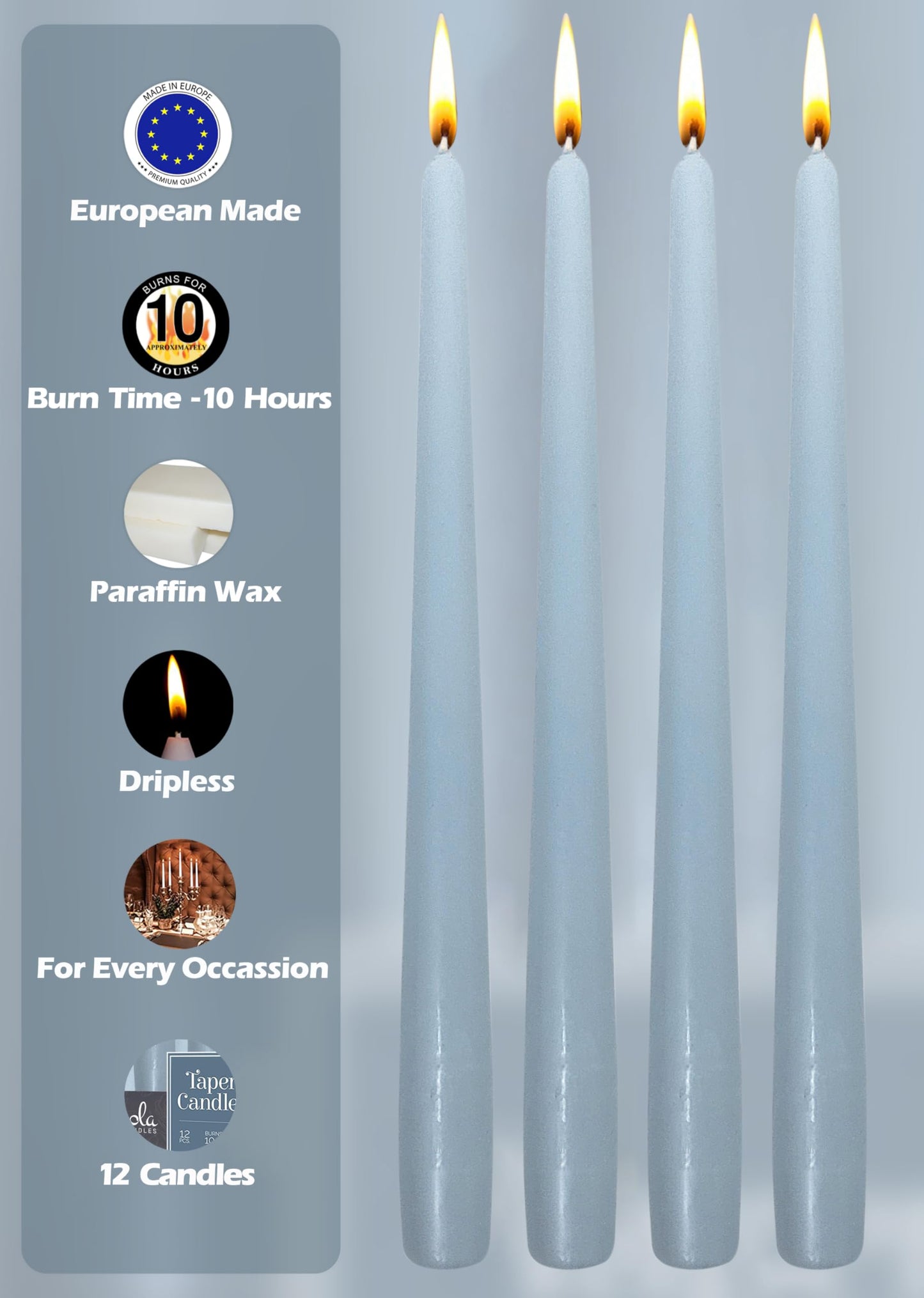 Hyoola Tall Taper Candles - 12 Inch Ice Blue Unscented Dripless Taper Candles - 10 Hour Burn Time - 12 Pack