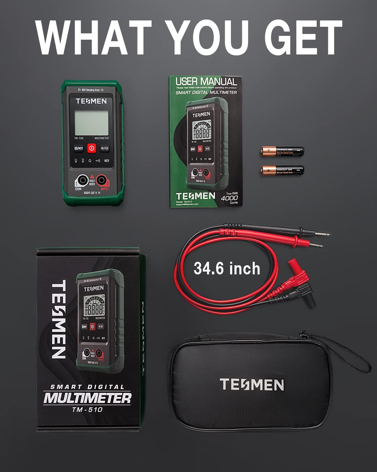 TM-510 Digital Multimeter, 4000 Counts, Smart Measurement, Auto-Ranging Voltmeter; Voltage Tester with Non-Contact Voltage Function, Measures AC/DC Voltage, Resistance, Continuity – Green