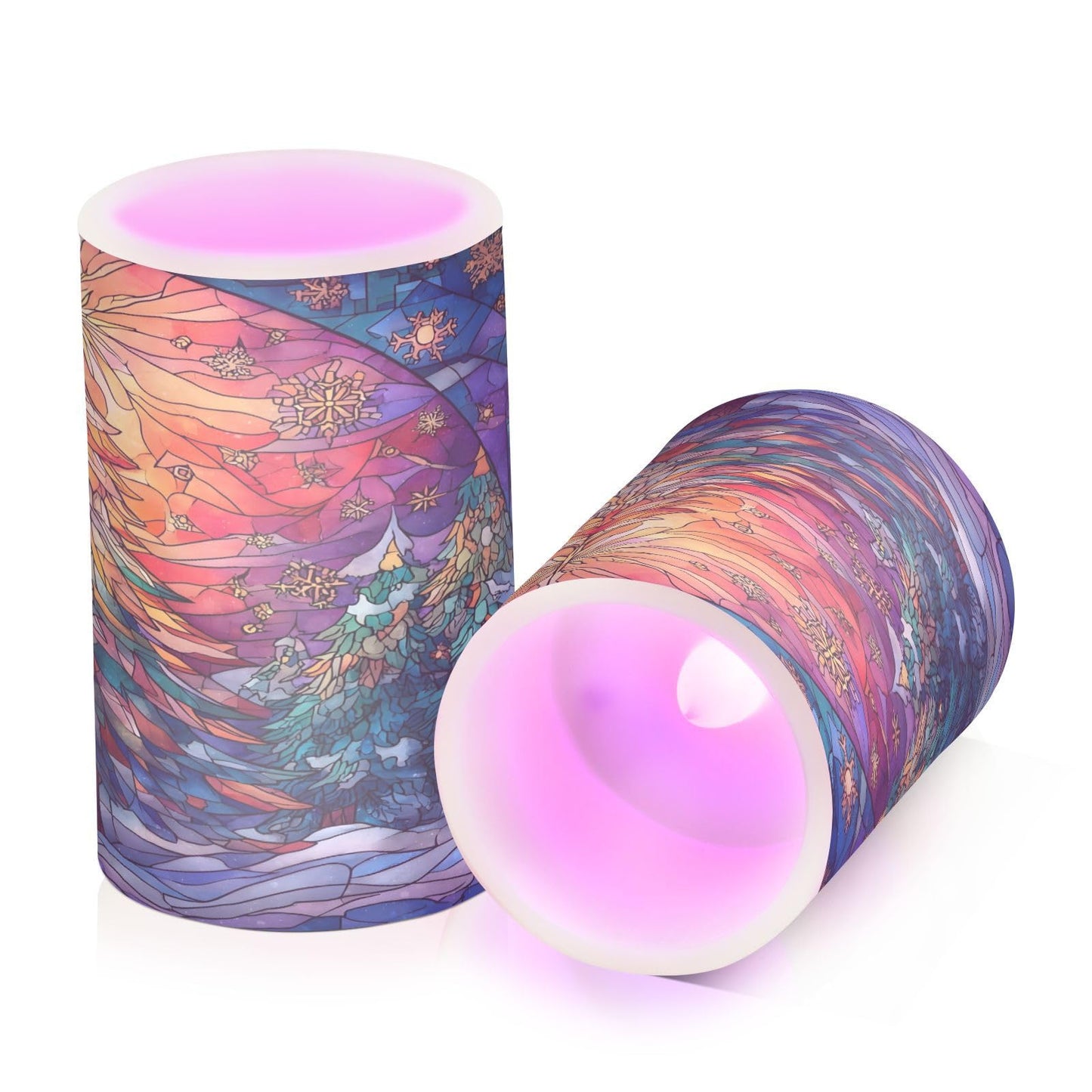ALAZA Stained Glass Christmas Tree Winter Flameless Candles Flickering LED Candles with Remote Timer Battery Operated Pillar Candles Set of 2 for Dinner Holiday Decor