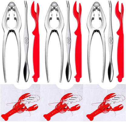 YGAOHF 12 Pcs Professional Crab Leg Crackers and Tools - Includes 3 Crab Crackers, 3 Lobster Shellers, 3 Crab Leg Forks/Picks, 3 Disposable Lobster Bibs and Storage Bag, Dishwasher Safe